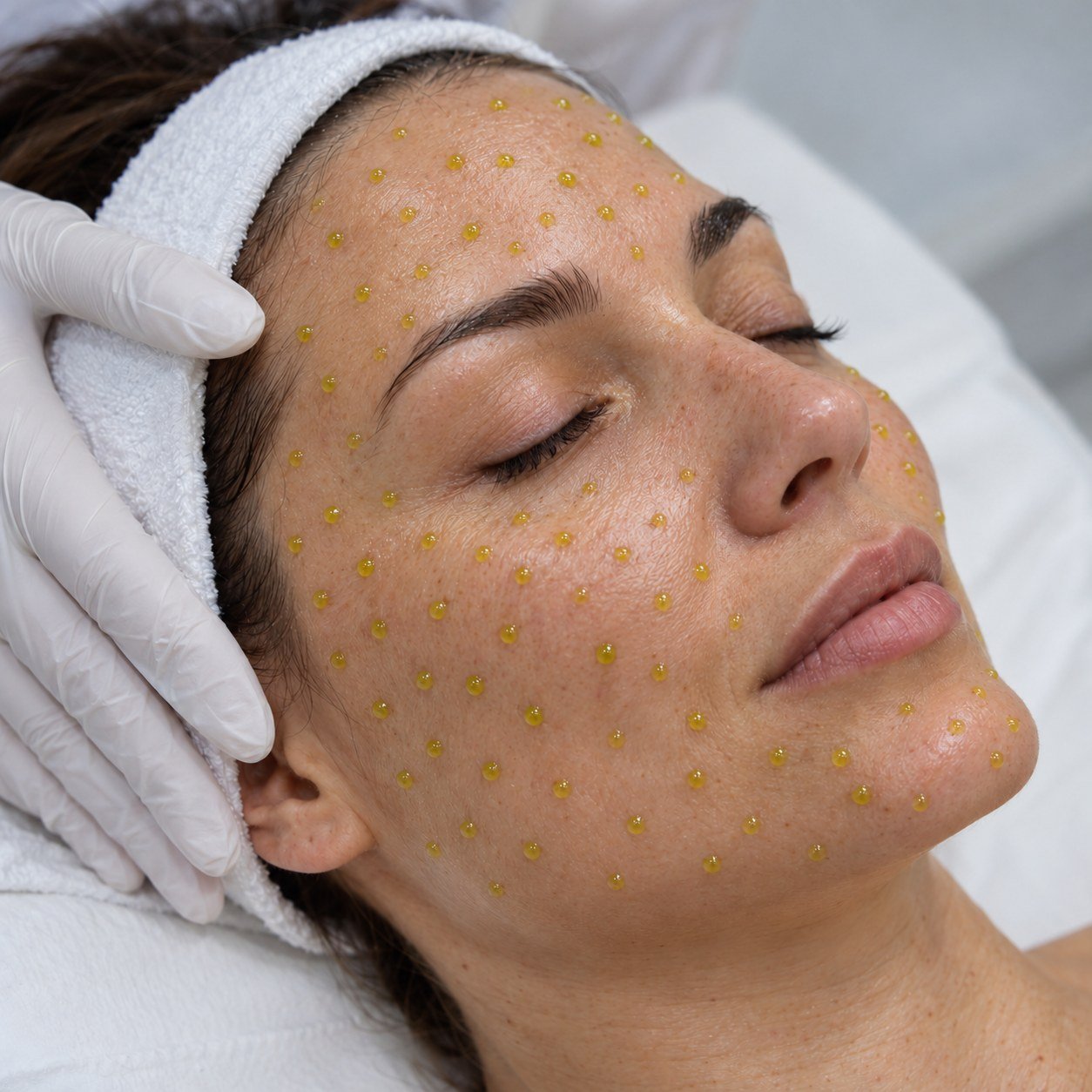 Illustration of BioRePeel treatment with small yellow-green droplets on the face
